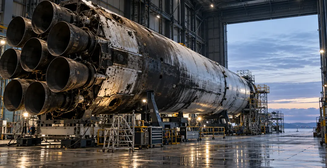 Rocket Booster in a Stormlit Hangar