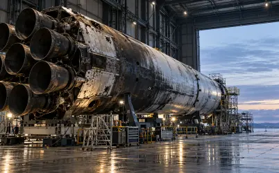 Rocket Booster in a Stormlit Hangar